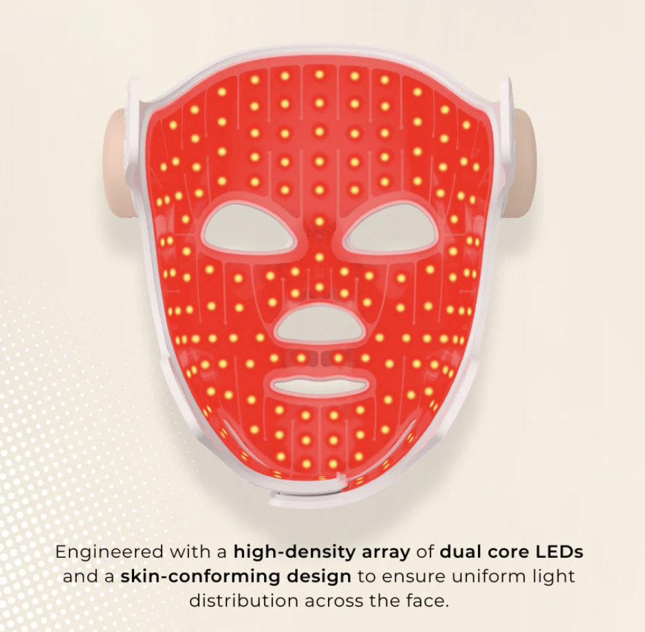 Close-up of the mask lit up with a high-density array of red and amber LEDs